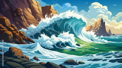 Very beautiful powerful ocean waves crashing against rocky shorelines, white spray and foam rising dramatically, revealing the raw texture and natural strength of the sea’s untamed motion.