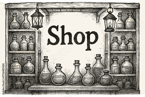 Potion Shop Illustration. Hand-drawn potion shop with shelves, jars, and lanterns, center word “Shop” in black and white isolated