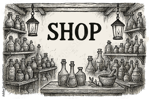 Potion Shop Illustration. Hand-drawn potion shop with shelves, jars, and lanterns, center word “Shop” in black and white isolated