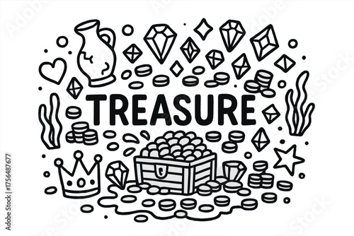 Doodle Atlantis Treasure. Doodle atlantis treasure with coins, crowns, and gems, center word “Treasure” in black and white