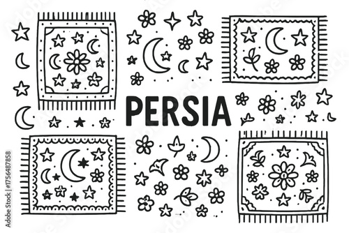 Persian Carpet Doodle. Doodle iranian persian carpets with stars, moons, and flowers, center word “Persia” in black and white