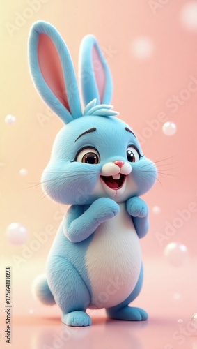 Cheerful and Adorable Cartoon Blue Rabbit with a Fluffy Appearance on Pink Background. Easter bunny.