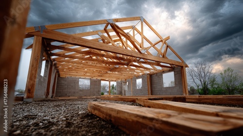 Wooden house under construction with exposed roof trusses and stormy sky