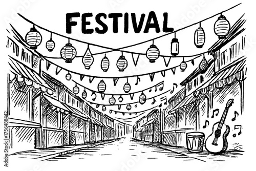 Festival Street Scene. Hand-drawn festival street with lanterns, banners, and music, center word “Festival” in black and white