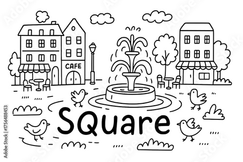 City Square Doodle. Doodle city square with fountains, pigeons, and cafés, center word “Square” in black and white isolated