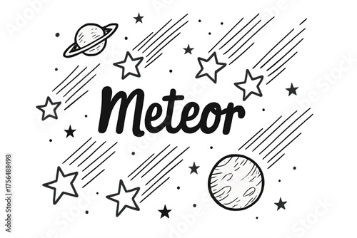 Meteoric Skies. Hand-drawn meteor shower with shooting stars and planets, center word “Meteor” in black and white isolated