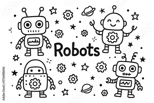 Cosmic Robot Doodles. Doodle cosmic robots with antennas, gears, and stars, center word “Robots” in black and white isolated