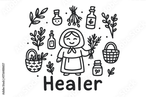 Village Healer Doodle. Doodle village healer with herbs, potions, and baskets, center word “Healer” in black and white isolated