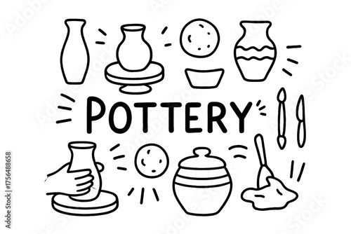 Pottery Workshop Doodle. Doodle pottery workshop with jars, wheels, and clay, center word “Pottery” in black and white isolated
