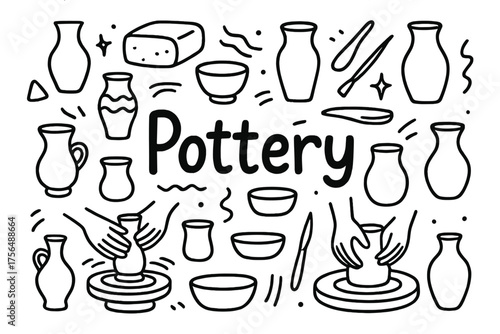 Pottery Workshop Doodle. Doodle pottery workshop with jars, wheels, and clay, center word “Pottery” in black and white isolated