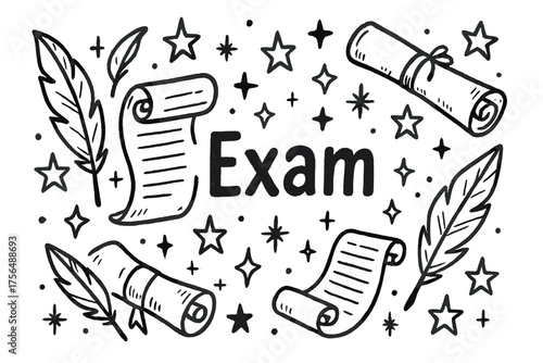 Magical Exam Doodle. Doodle magical exams with scrolls, stars, and feathers, center word “Exam” in black and white isolated