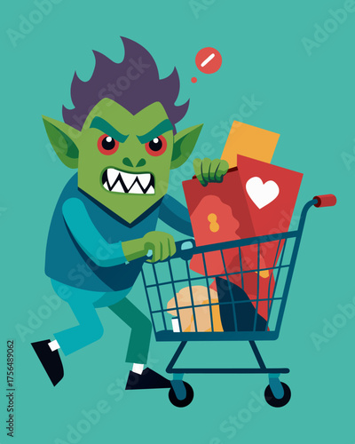 A relentless troll haunting a persons online shopping experience constantly adding unnecessary items to their cart and sabotaging their orders.. Vector illustration