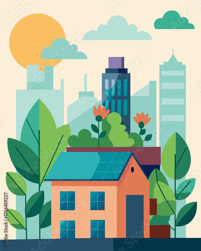 A tranquil rooftop retreat where solar panels allow plants to flourish and provide a peaceful escape from the city below.. Vector illustration
