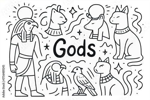 Egyptian Gods Doodle. Doodle egyptian gods with falcons, cats, and suns, center word “Gods” in black and white isolated