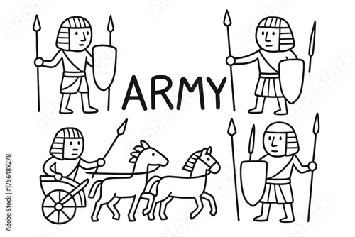 Egyptian Soldiers Doodle. Doodle egyptian soldiers with shields, chariots, and spears, center word “Army” in black and white