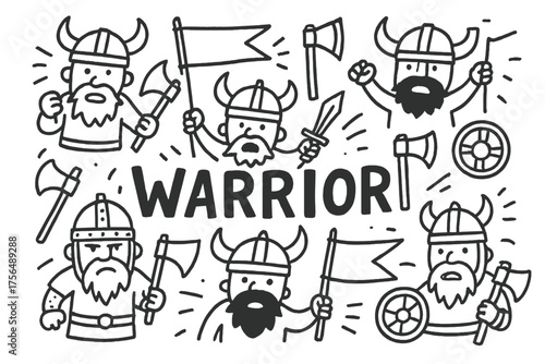 Viking Warriors Doodle. Doodle viking warriors with axes, helmets, and banners, center word “Warrior” in black and white isolated