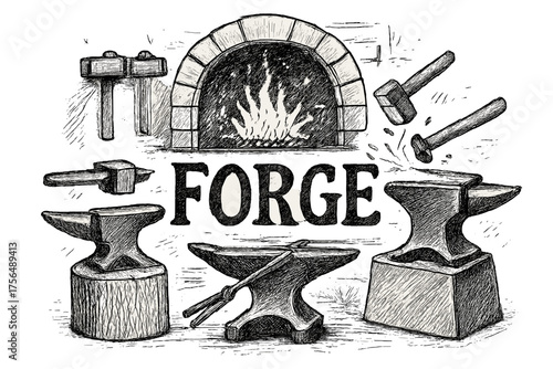 Forge and Anvils. Hand-drawn blacksmith forge with anvils, hammers, and sparks, center word “Forge” in black and white isolated