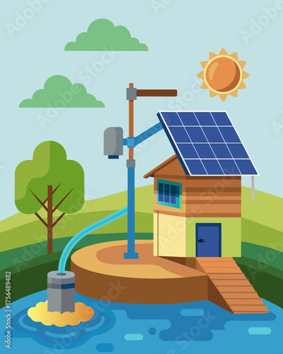 A solarpowered water pump installed on a riverbank supporting a communitys fishing and agriculture industries in an isolated region.. Vector illustration