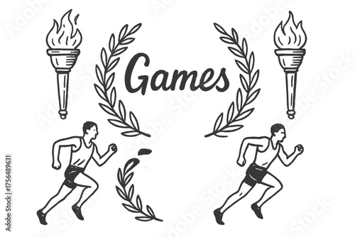 Olympic Games Sketch. Hand-drawn olympic games with runners, torches, and laurels, center word “Games” in black and white isolated