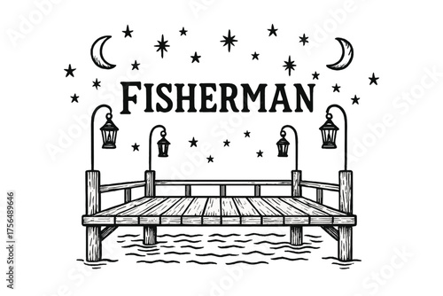 Fisherman Pier Art. Hand-drawn fishing pier with stars, moons, and lanterns, center word “Fisherman” in black and white isolated