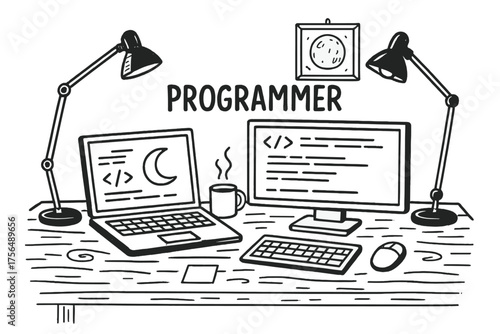 Programmer's Creative Workspace. Hand-drawn office desk with screens, moons, and lamps, center word “Programmer” in black and