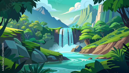 Very beautiful serene waterfall cascading down a lush green hill, surrounded by misty air and vibrant foliage, capturing the essence of flowing water and peaceful natural splendor.