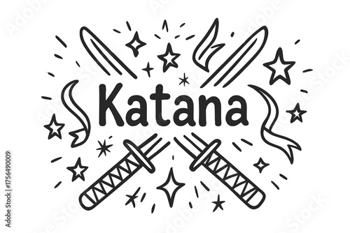 Doodle Katana Illustration. Doodle japanese swords with sparks, stars, and ribbons, center word “Katana” in black and white