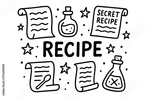 Secret Recipe Doodle. Doodle secret recipes with scrolls, bottles, and stars, center word “Recipe” in black and white isolated
