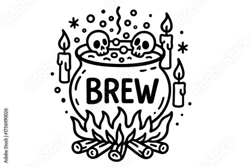 Doodle Bubbling Brew. Doodle bubbling brew with skulls, candles, and fire, center word “Brew” in black and white isolated