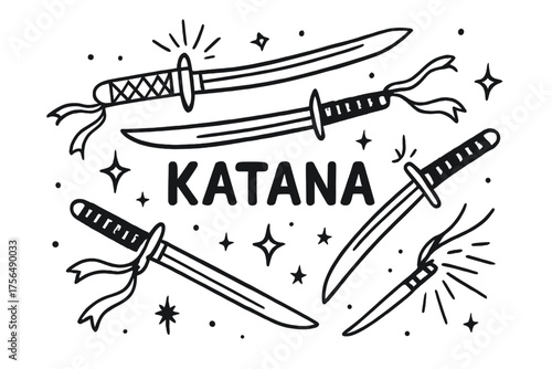 Doodle Katana Illustration. Doodle japanese swords with sparks, stars, and ribbons, center word “Katana” in black and white