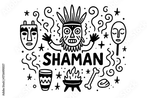 Shaman Ritual Doodle. Doodle shaman ritual with masks, smoke, and stars, center word “Shaman” in black and white isolated