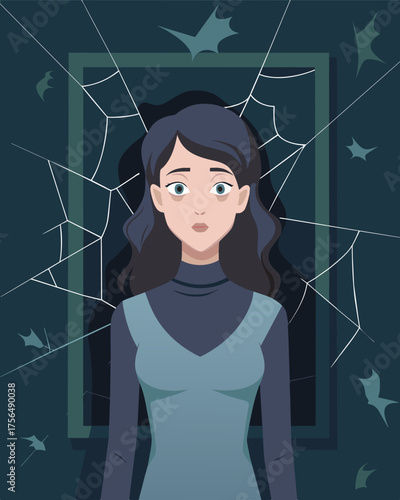 A teenage girl stands in front of a mirror her face showcasing small cracks that seem to spiderweb out from the corners of her eyes.. Vector illustration
