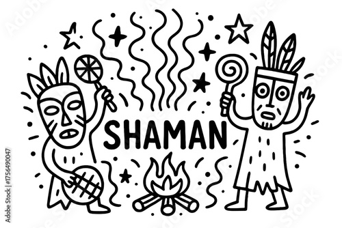 Shaman Ritual Doodle. Doodle shaman ritual with masks, smoke, and stars, center word “Shaman” in black and white isolated