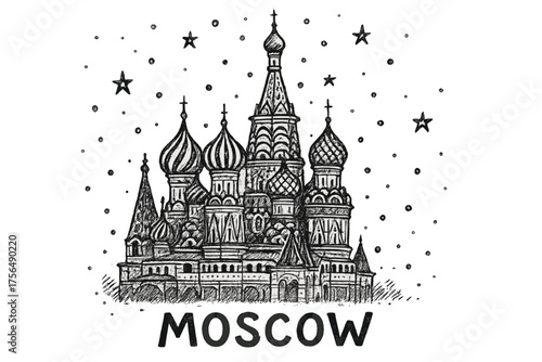 St. Basil's Winter Scene. Hand-drawn st basil cathedral with domes, stars, and snow, center word “Moscow” in black and white