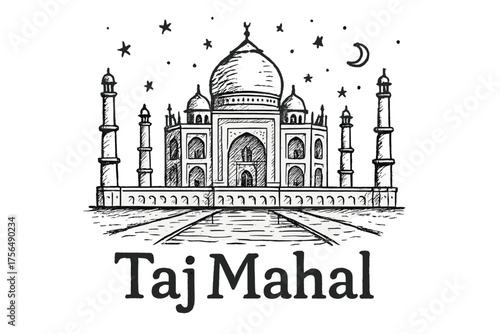 Taj Mahal Drawing. Hand-drawn taj mahal with stars, domes, and rivers, center word “TajMahal” in black and white isolated