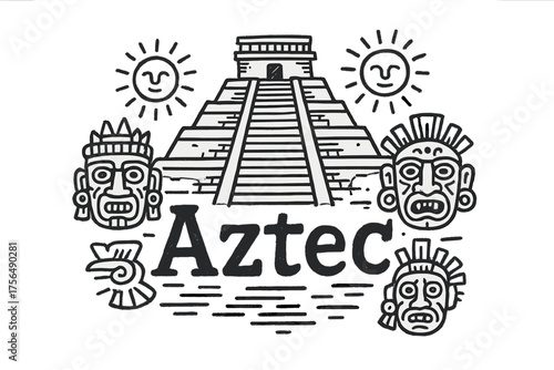 Aztec Temple Design. Hand-drawn aztec temple with pyramids, suns, and masks, center word “Aztec” in black and white isolated