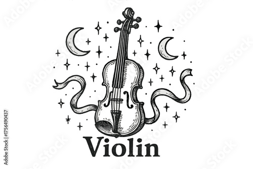 Violin and Celestial Symbols. Hand-drawn violin with moons, sparkles, and ribbons, center word “Violin” in black and white