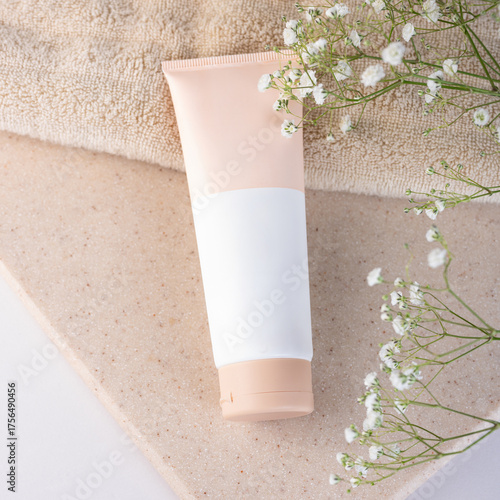 A beautiful still life composition featuring cosmetic products setting with a  background