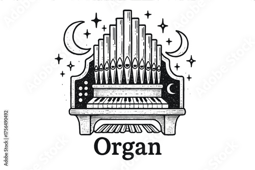 Celestial Organ Art. Hand-drawn organ with moons, pipes, and sparkles, center word “Organ” in black and white isolated transparent