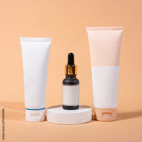 A beautiful still life composition featuring cosmetic products setting with a  background