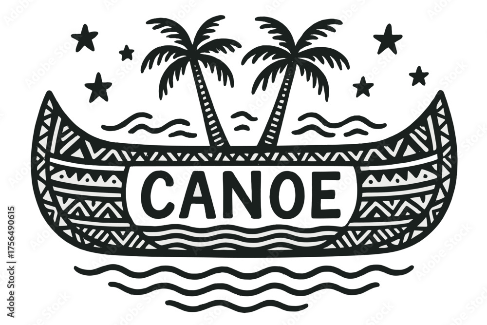 Fototapeta premium Tribal Canoe Design. Hand-drawn tribal canoe with stars, waves, and palm trees, center word “Canoe” in black and white isolated
