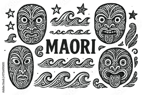 Maori Mask Art. Hand-drawn maori masks with stars, waves, and tattoos, center word “Maori” in black and white isolated transparent