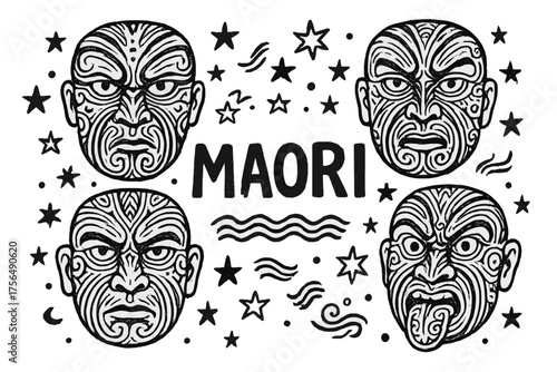 Maori Mask Art. Hand-drawn maori masks with stars, waves, and tattoos, center word “Maori” in black and white isolated transparent