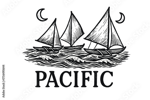 Pacific Canoes Illustration. Hand-drawn pacific canoes with sails, moons, and waves, center word “Pacific” in black and white