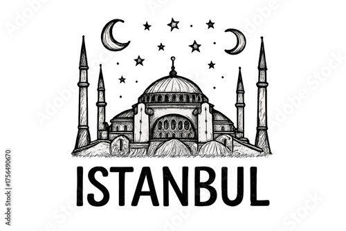 Hagia Sophia Illustration. Hand-drawn hagia sophia with domes, moons, and stars, center word “Istanbul” in black and white