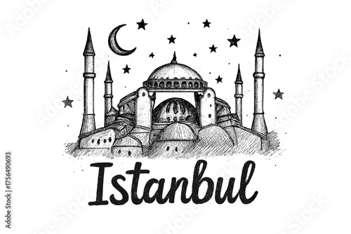 Hagia Sophia Illustration. Hand-drawn hagia sophia with domes, moons, and stars, center word “Istanbul” in black and white