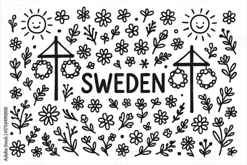 Swedish Midsummer Doodle. Doodle swedish midsummer with flowers, maypoles, and suns, center word “Sweden” in black and white