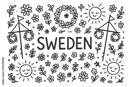 Swedish Midsummer Doodle. Doodle swedish midsummer with flowers, maypoles, and suns, center word “Sweden” in black and white