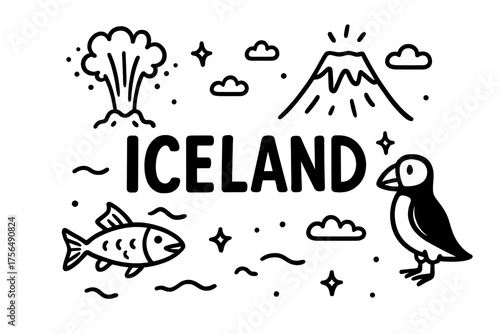 Icelandic Wonders Doodle. Doodle iceland geysers with volcanoes, fish, and puffins, center word “Iceland” in black and white