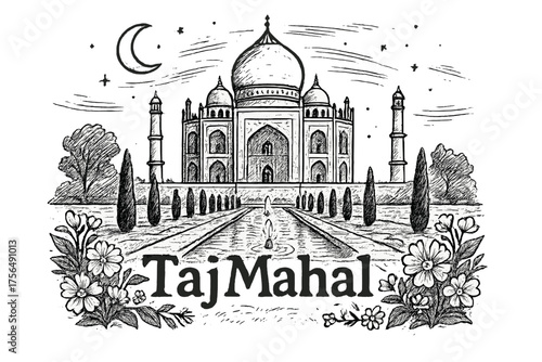Taj Mahal Gardens. Hand-drawn taj mahal gardens with moons, fountains, and flowers, center word “TajMahal” in black and white